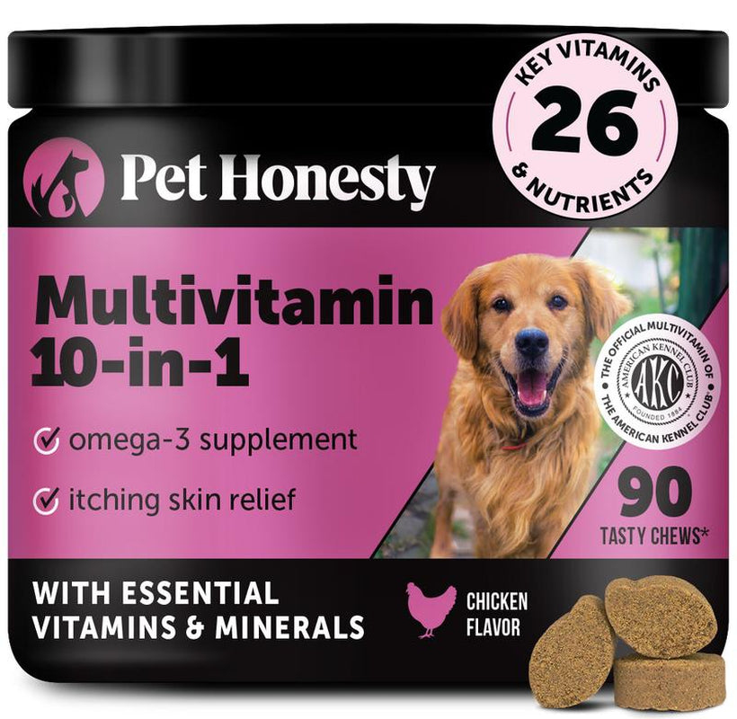 Pet Honesty Multivitamin 10-In-1 Daily Chews with Glucosamine, Omegas, and Probiotics for Dogs - Chicken Flavor Supplements for Dogs