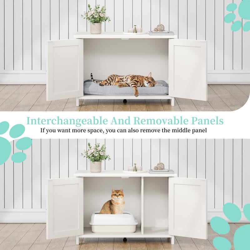Walsunny Cat Litter Box Furniture with Removable Divider, Hidden Enclosure and End Table - White, Brown, Gray Wood