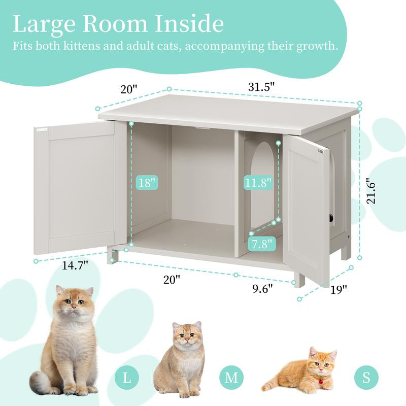 Walsunny Cat Litter Box Furniture with Removable Divider, Hidden Enclosure and End Table - White, Brown, Gray Wood