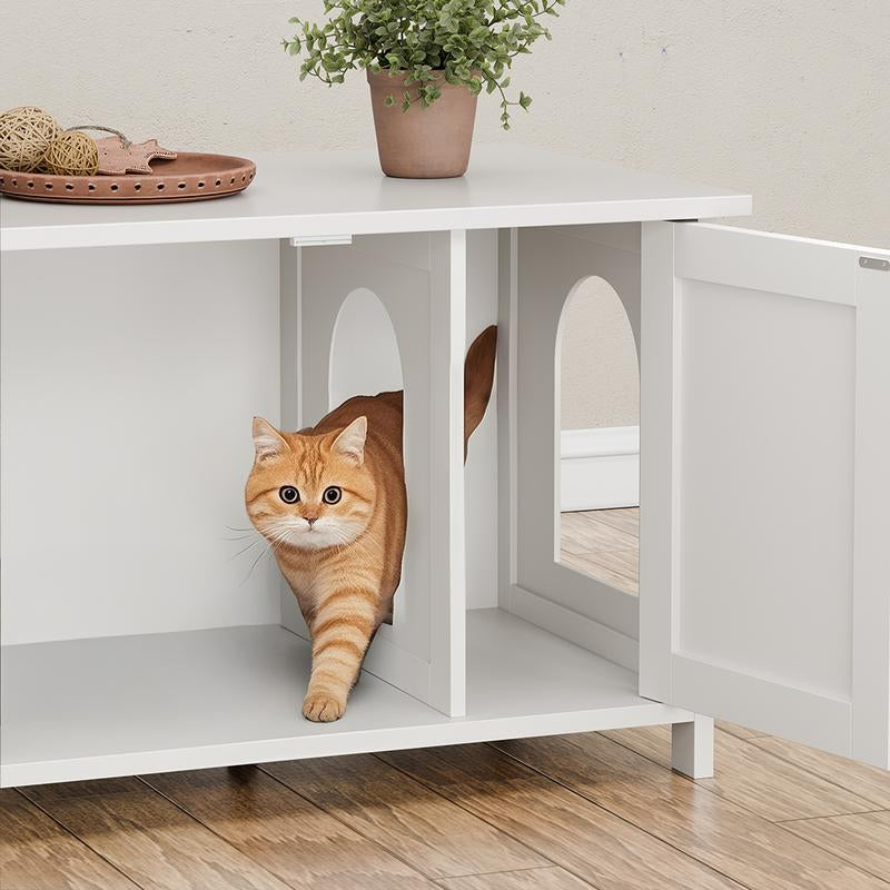 Walsunny Cat Litter Box Furniture with Removable Divider, Hidden Enclosure and End Table - White, Brown, Gray Wood