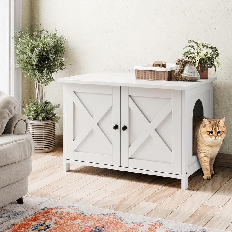 Walsunny Cat Litter Box Furniture with Removable Divider, Hidden Enclosure and End Table - White, Brown, Gray Wood