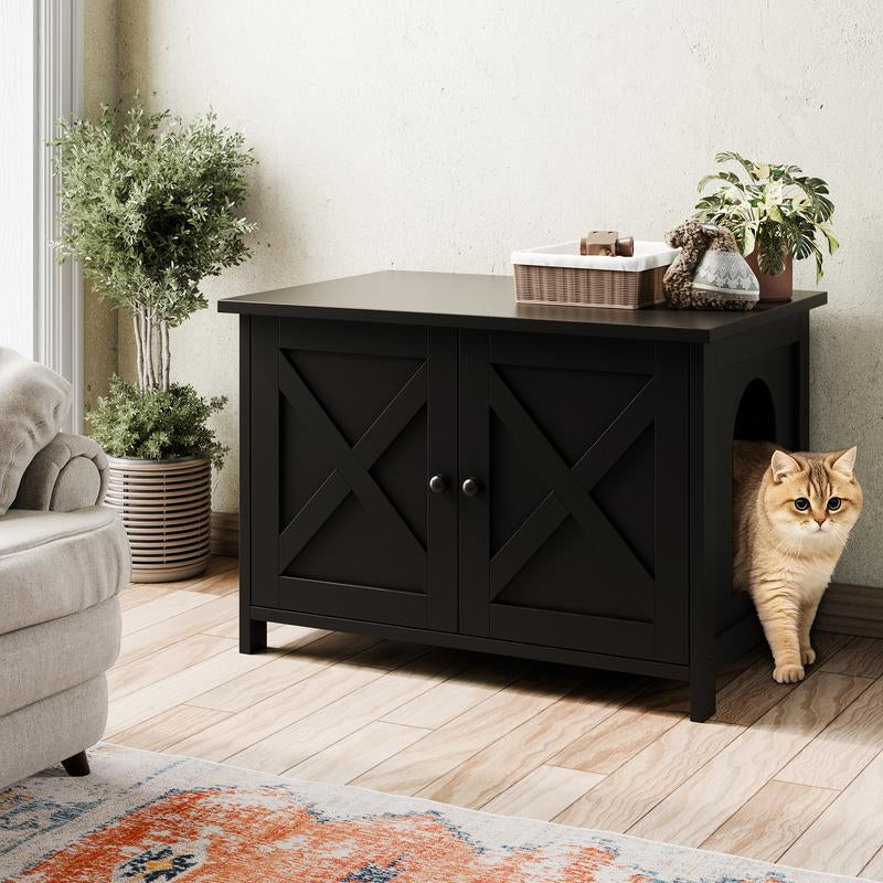 Walsunny Cat Litter Box Furniture with Removable Divider, Hidden Enclosure and End Table - White, Brown, Gray Wood
