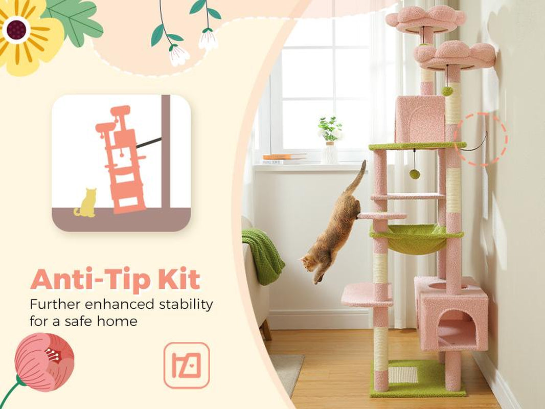 PAWZ Road Large 72 Inches Flower/Cactus Cat Tree and Tower for Indoor Cats - with Sisal-Covered Scratching Posts, Padded Perches, Condos, and Basket(Gray/Dark Gray/Beige)