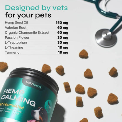 Calming Chews for Dogs Anxiety Relief Hemp Calming Chews for Dogs with Valerian Root, Hemp Seed Oil, Turmeric, L Theanine Soft Treats for Storms, Fireworks, Separation, Vet Visits, Grooming
