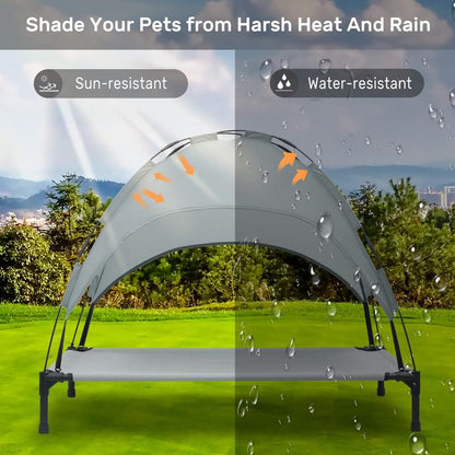 Elevated Dog Bed with Canopy, Outdoor Dog Cot with Removable Canopy Shade Tent, Portable Raised Pet Cot Cooling Bed for Dogs and Cats