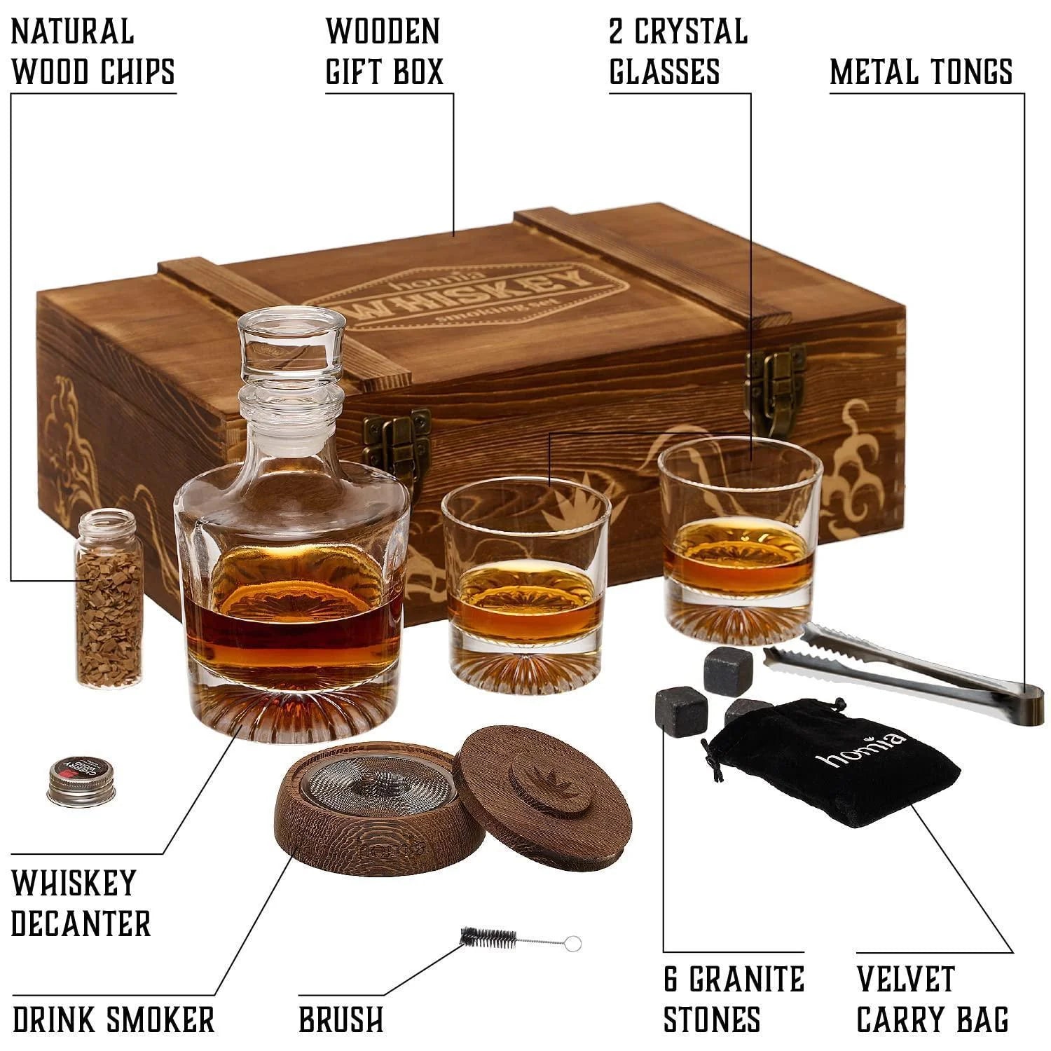 Whiskey Gift Set 14 Pcs Whiskey Bottle Old Fashioned Glasses in Wodden Box Gift