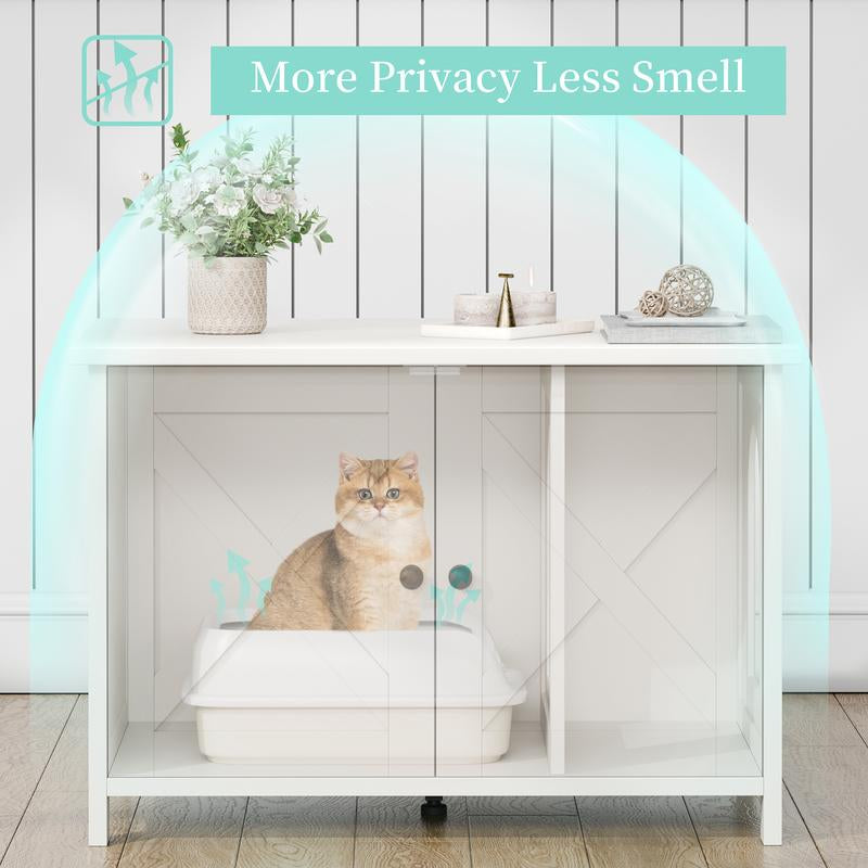 Walsunny Cat Litter Box Furniture with Removable Divider, Hidden Enclosure and End Table - White, Brown, Gray Wood