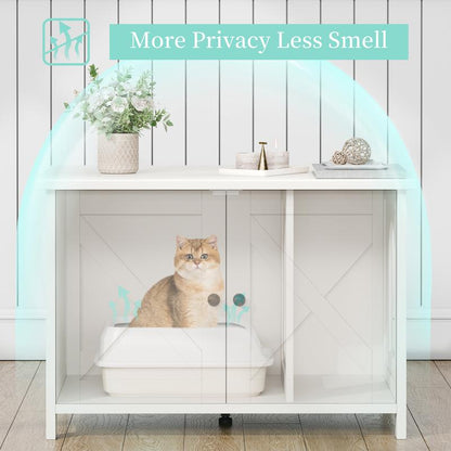 Walsunny Cat Litter Box Furniture with Removable Divider, Hidden Enclosure and End Table - White, Brown, Gray Wood