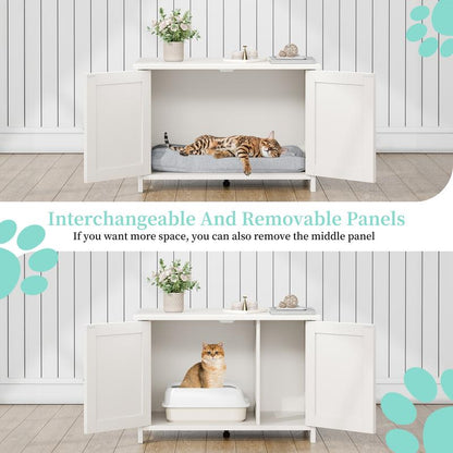 Walsunny Cat Litter Box Furniture with Removable Divider, Hidden Enclosure and End Table - White, Brown, Gray Wood