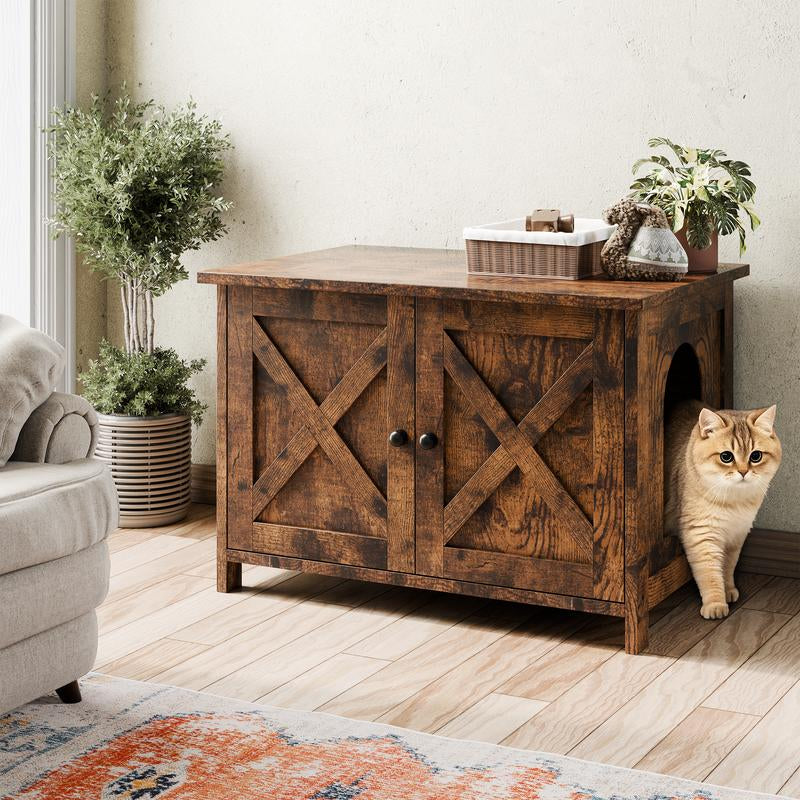 Walsunny Cat Litter Box Furniture with Removable Divider, Hidden Enclosure and End Table - White, Brown, Gray Wood