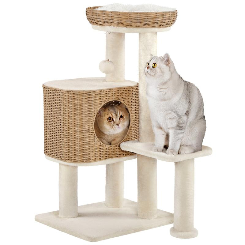 【On Sale】Yaheetech 54In Rattan Cat Tree Tower with Luxury Woven Condo, Clear Bowl, Washable Cushions, and Scratching Posts, Cat Furniture for Indoor Cats