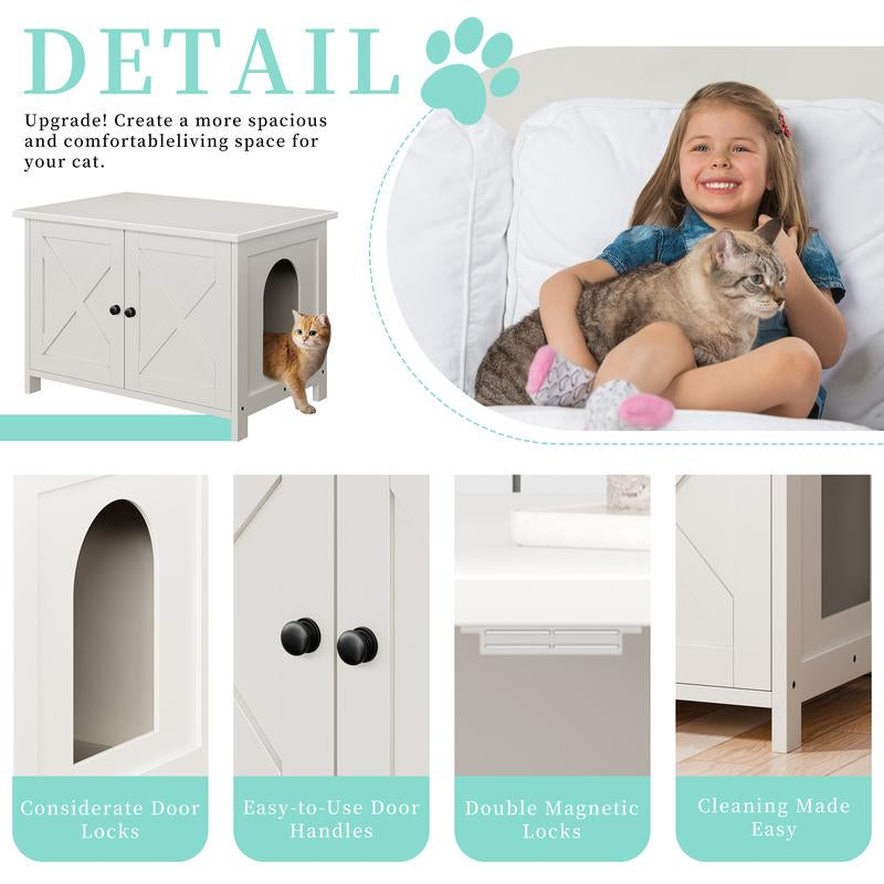 Walsunny Cat Litter Box Furniture with Removable Divider, Hidden Enclosure and End Table - White, Brown, Gray Wood