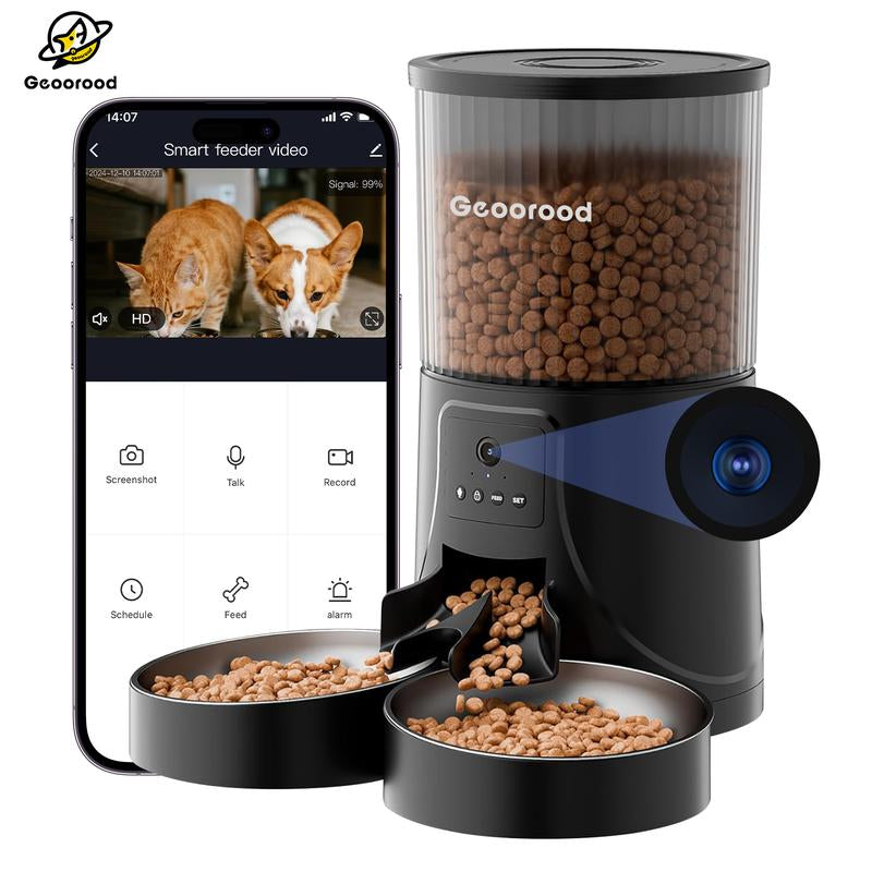 Geoorood Automatic Cat Feeder with Camera 4L Dual-Bowl Stainless Steel Bowls 2.4Ghz Wifi App-Controlled Dry Food Feeder for Cats & Dogs 1 Gallon Capacity