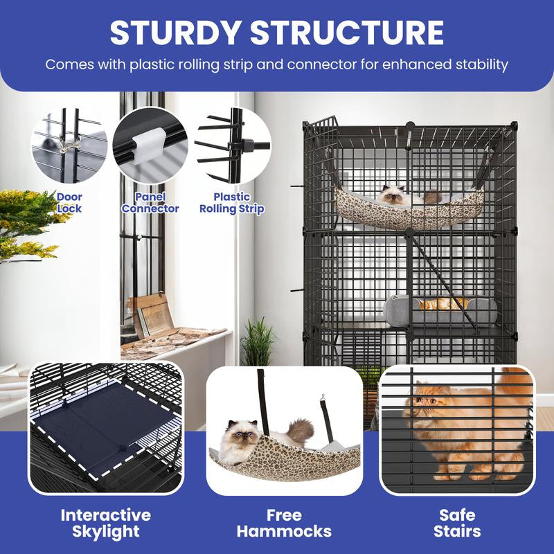 Yitahome Cat Cage Indoor Catio DIY Cat Enclosures Metal Cat Playpen 2/3/4-Tiers Kennels Pet Crate with Extra Large Hammock for Cats, Rabbit