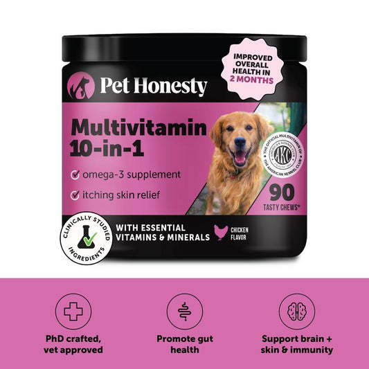 Pet Honesty Multivitamin 10-In-1 Daily Chews with Glucosamine, Omegas, and Probiotics for Dogs - Chicken Flavor Supplements for Dogs