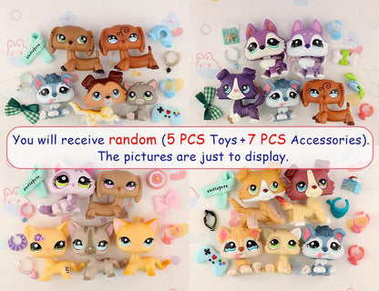 5 Pc Random Miniature Cat and Dog Figures and Random 7 Pc Accessories for Lps Collection