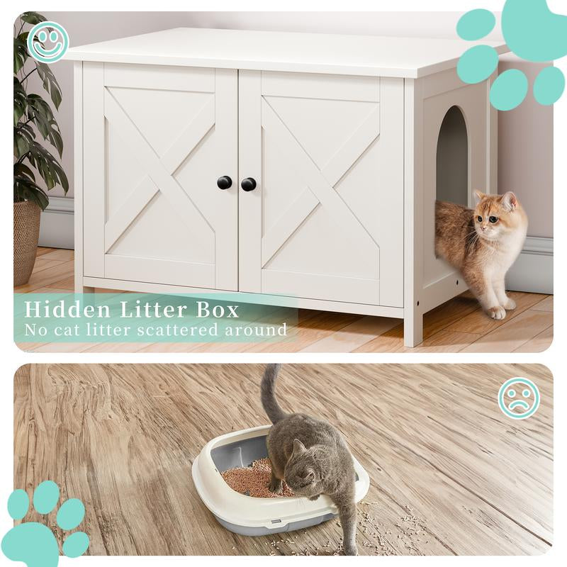 Walsunny Cat Litter Box Furniture with Removable Divider, Hidden Enclosure and End Table - White, Brown, Gray Wood