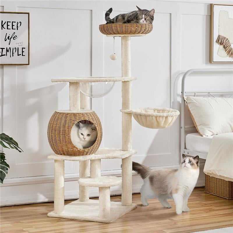 【On Sale】Yaheetech 54In Rattan Cat Tree Tower with Luxury Woven Condo, Clear Bowl, Washable Cushions, and Scratching Posts, Cat Furniture for Indoor Cats