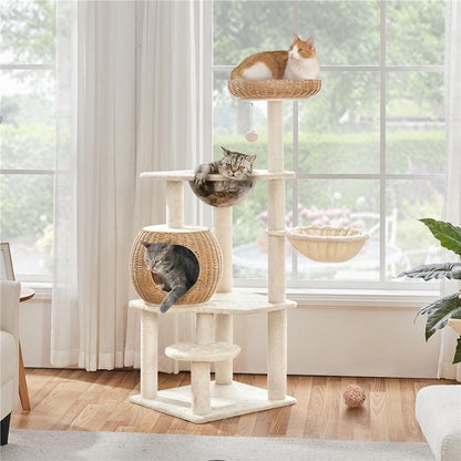 【On Sale】Yaheetech 54In Rattan Cat Tree Tower with Luxury Woven Condo, Clear Bowl, Washable Cushions, and Scratching Posts, Cat Furniture for Indoor Cats