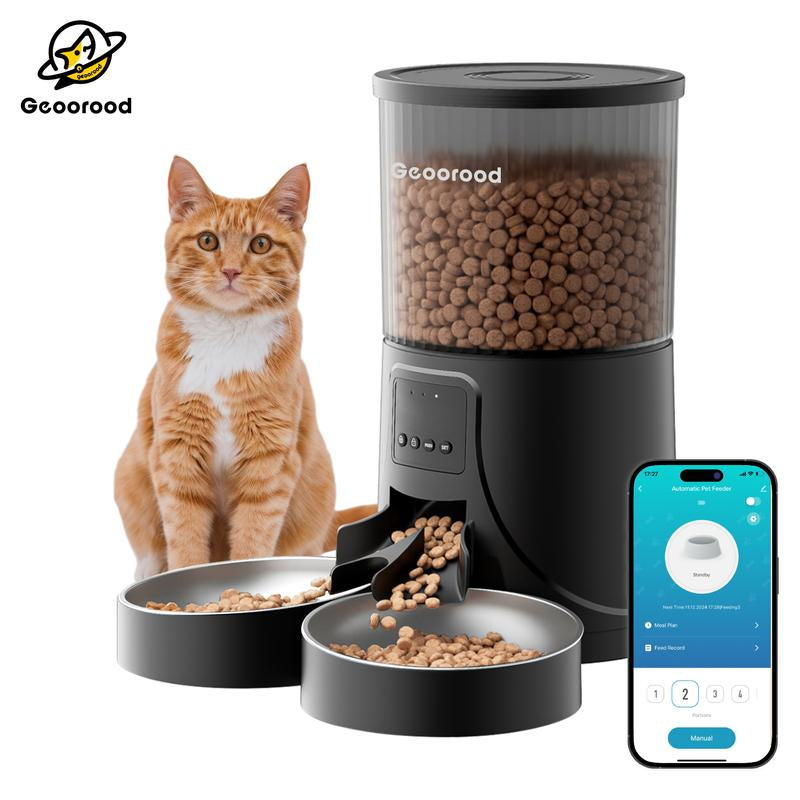 Geoorood Automatic Cat Feeder with Camera 4L Dual-Bowl Stainless Steel Bowls 2.4Ghz Wifi App-Controlled Dry Food Feeder for Cats & Dogs 1 Gallon Capacity