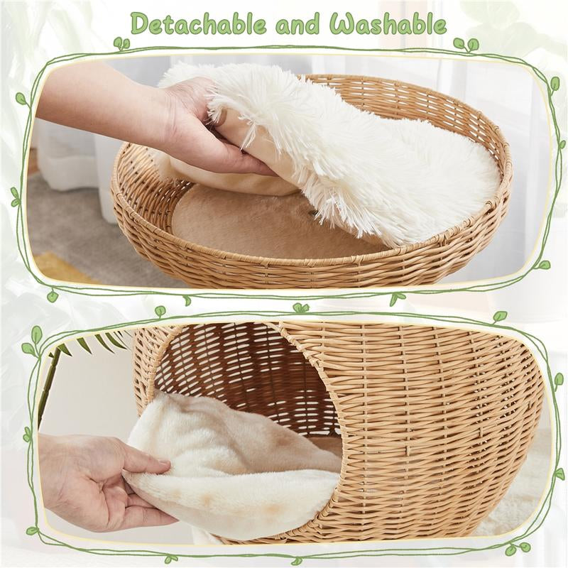 【On Sale】Yaheetech 54In Rattan Cat Tree Tower with Luxury Woven Condo, Clear Bowl, Washable Cushions, and Scratching Posts, Cat Furniture for Indoor Cats