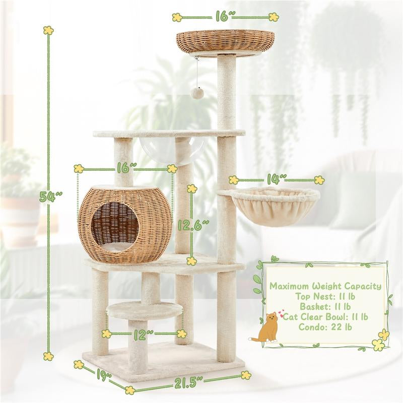 【On Sale】Yaheetech 54In Rattan Cat Tree Tower with Luxury Woven Condo, Clear Bowl, Washable Cushions, and Scratching Posts, Cat Furniture for Indoor Cats