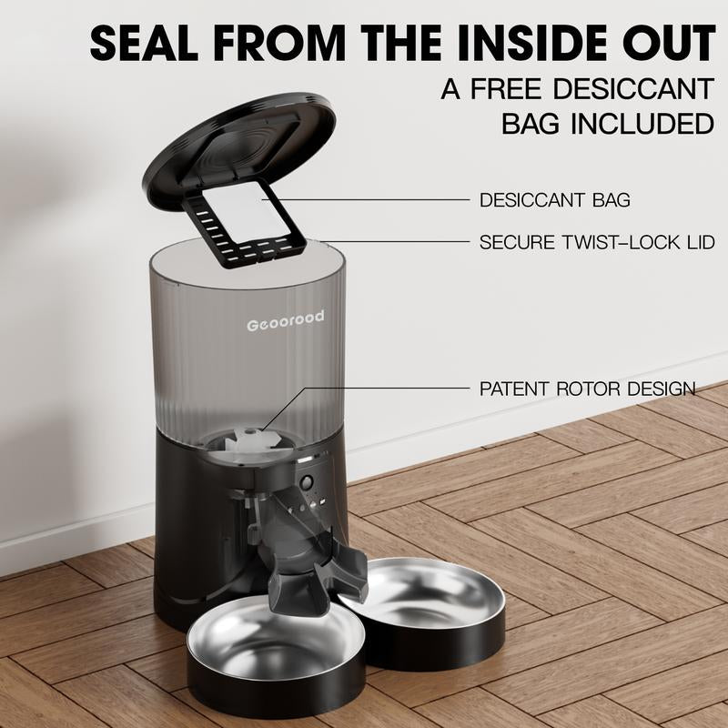 Geoorood Automatic Cat Feeder with Camera 4L Dual-Bowl Stainless Steel Bowls 2.4Ghz Wifi App-Controlled Dry Food Feeder for Cats & Dogs 1 Gallon Capacity