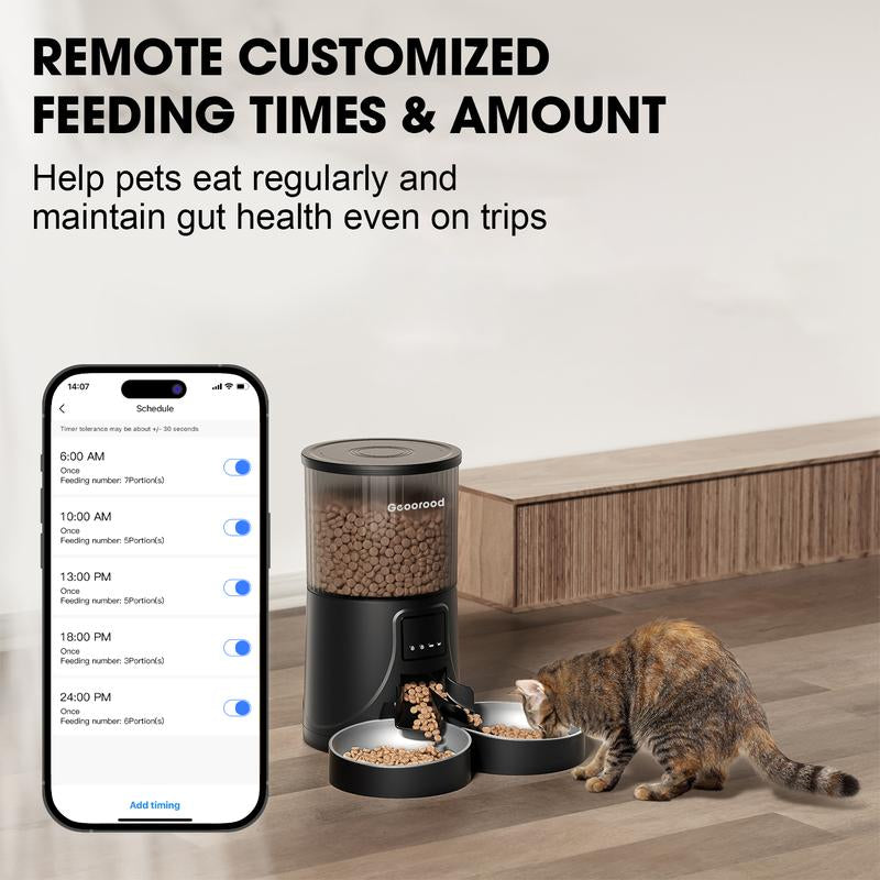 Geoorood Automatic Cat Feeder with Camera 4L Dual-Bowl Stainless Steel Bowls 2.4Ghz Wifi App-Controlled Dry Food Feeder for Cats & Dogs 1 Gallon Capacity