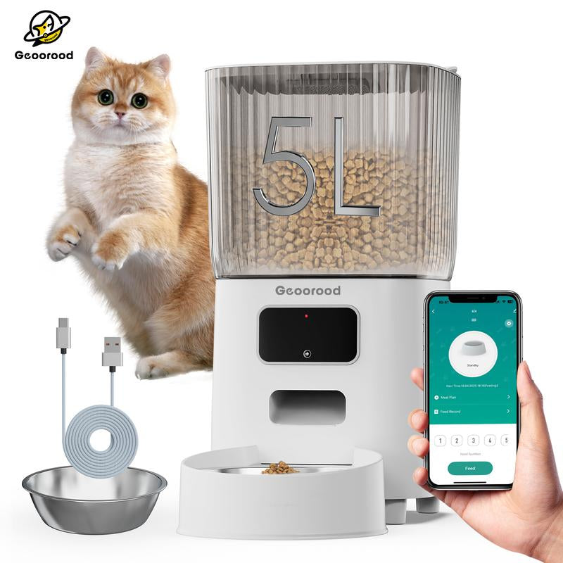 Geoorood Automatic Cat Feeder with Camera 4L Dual-Bowl Stainless Steel Bowls 2.4Ghz Wifi App-Controlled Dry Food Feeder for Cats & Dogs 1 Gallon Capacity