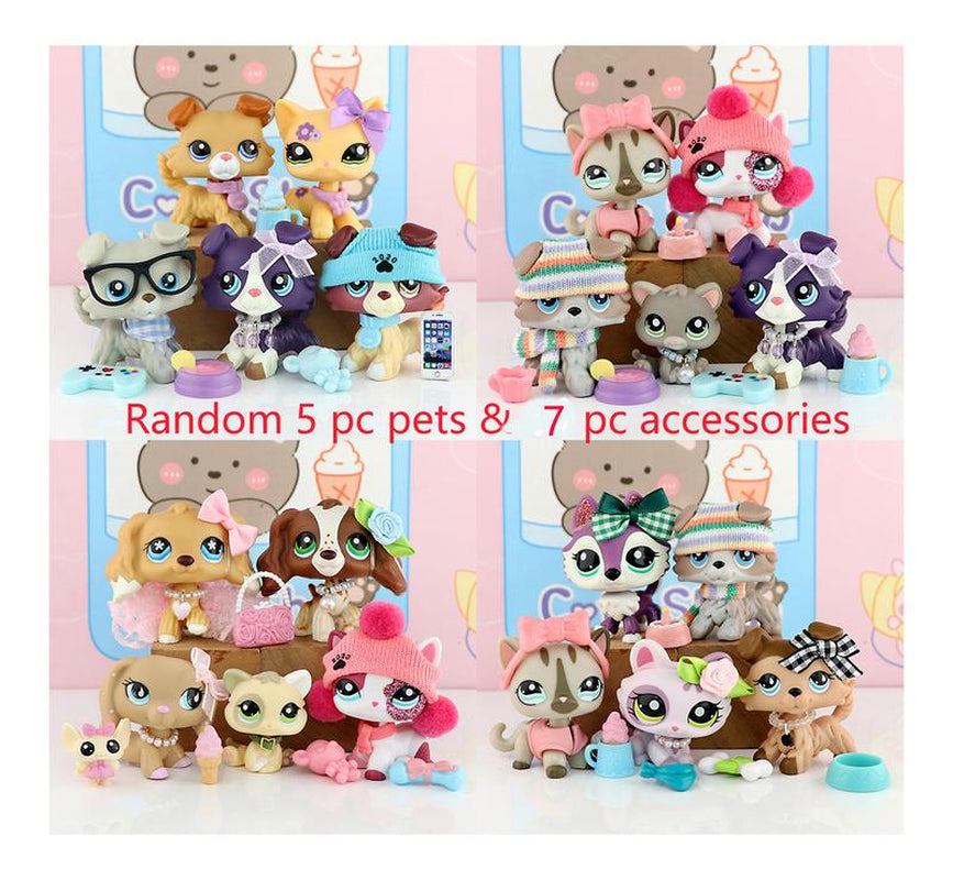 Littlepeta 5 Pc Random Pets and 7 Pc Random Accessories Miniature Cat and Dog Figures Pets and Accessories Set