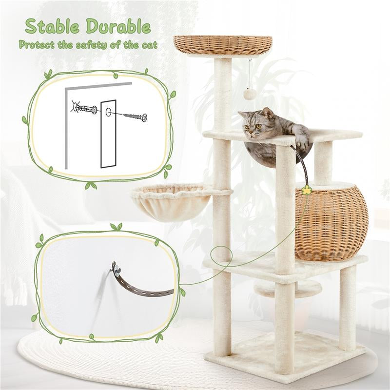 【On Sale】Yaheetech 54In Rattan Cat Tree Tower with Luxury Woven Condo, Clear Bowl, Washable Cushions, and Scratching Posts, Cat Furniture for Indoor Cats
