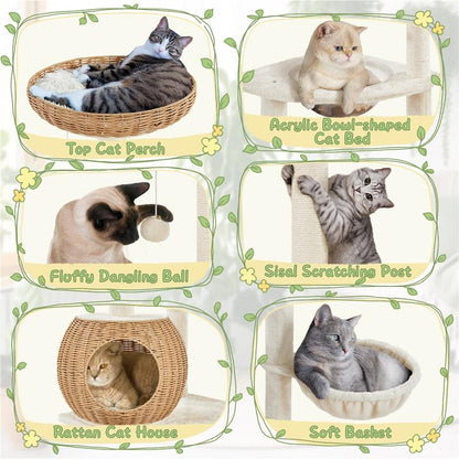 【On Sale】Yaheetech 54In Rattan Cat Tree Tower with Luxury Woven Condo, Clear Bowl, Washable Cushions, and Scratching Posts, Cat Furniture for Indoor Cats