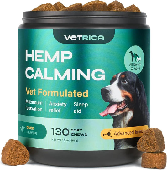 Calming Chews for Dogs Anxiety Relief Hemp Calming Chews for Dogs with Valerian Root, Hemp Seed Oil, Turmeric, L Theanine Soft Treats for Storms, Fireworks, Separation, Vet Visits, Grooming