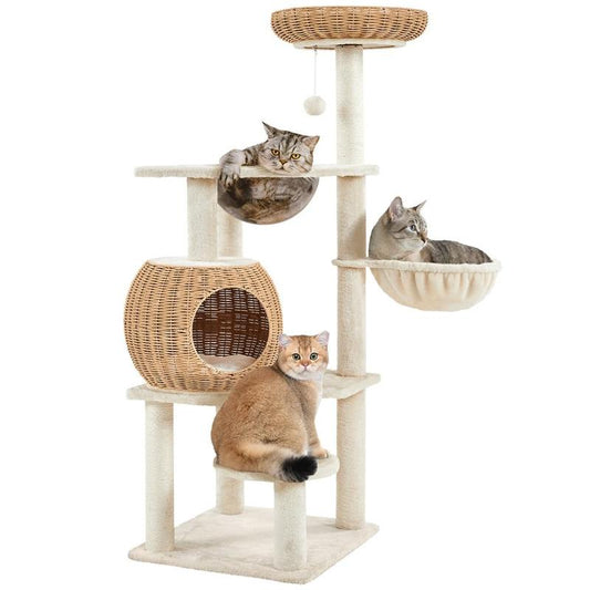 【On Sale】Yaheetech 54In Rattan Cat Tree Tower with Luxury Woven Condo, Clear Bowl, Washable Cushions, and Scratching Posts, Cat Furniture for Indoor Cats