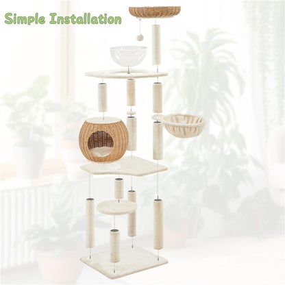 【On Sale】Yaheetech 54In Rattan Cat Tree Tower with Luxury Woven Condo, Clear Bowl, Washable Cushions, and Scratching Posts, Cat Furniture for Indoor Cats