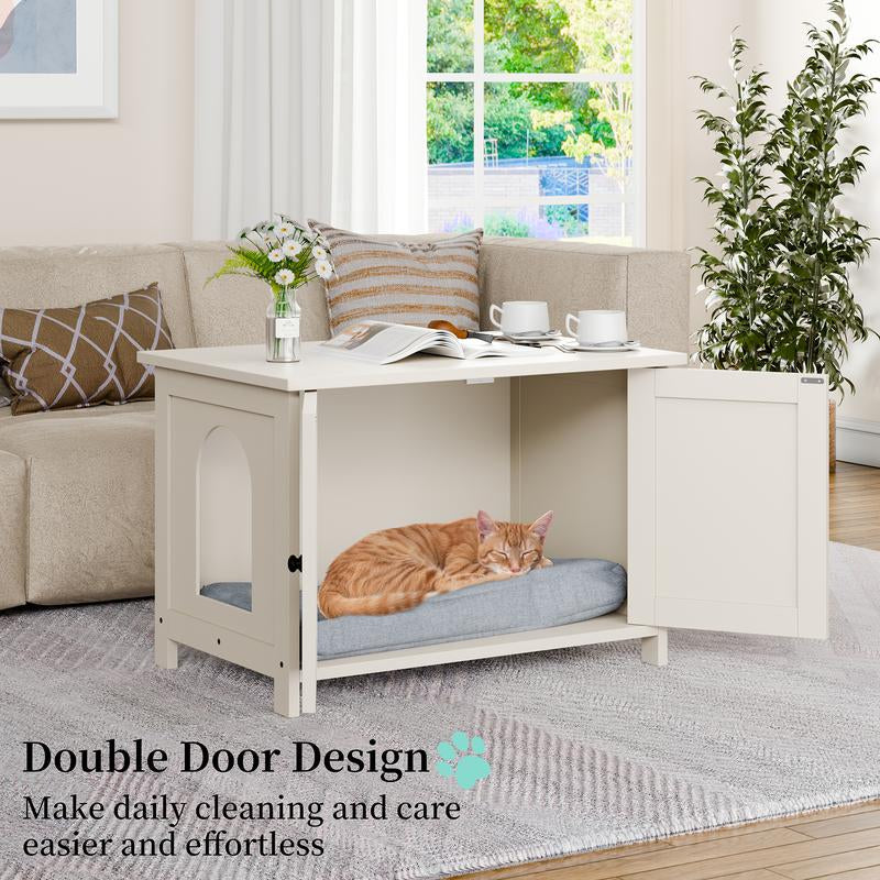 Walsunny Cat Litter Box Furniture with Removable Divider, Hidden Enclosure and End Table - White, Brown, Gray Wood