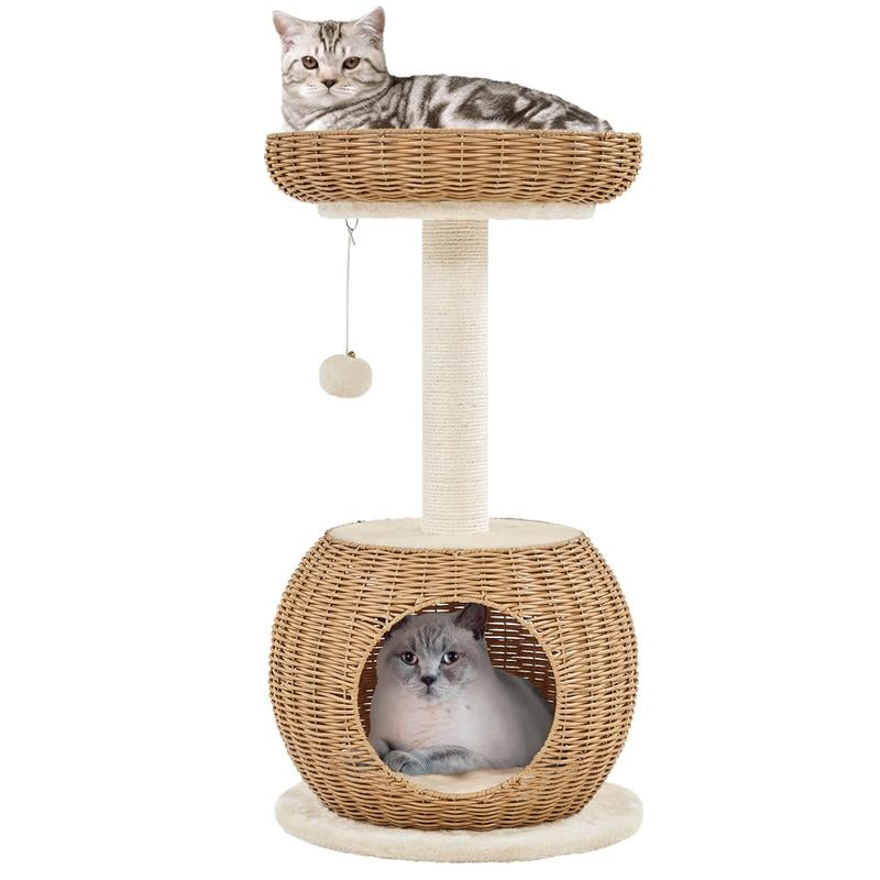 【On Sale】Yaheetech 54In Rattan Cat Tree Tower with Luxury Woven Condo, Clear Bowl, Washable Cushions, and Scratching Posts, Cat Furniture for Indoor Cats