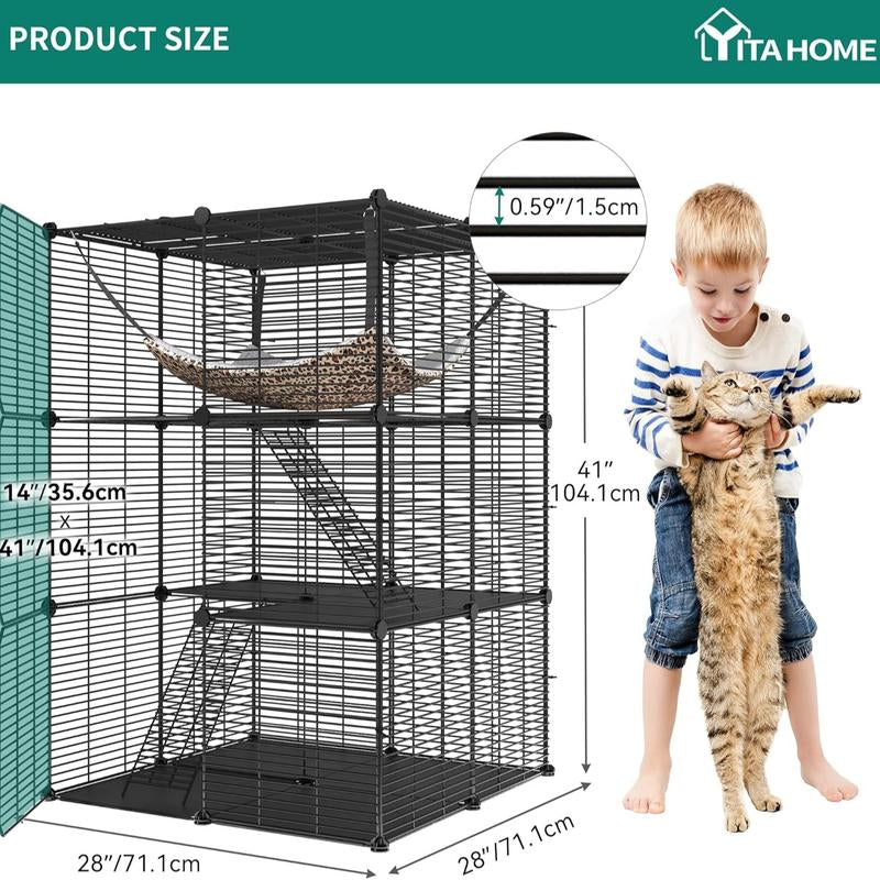 Yitahome Cat Cage Indoor Catio DIY Cat Enclosures Metal Cat Playpen 2/3/4-Tiers Kennels Pet Crate with Extra Large Hammock for Cats, Rabbit