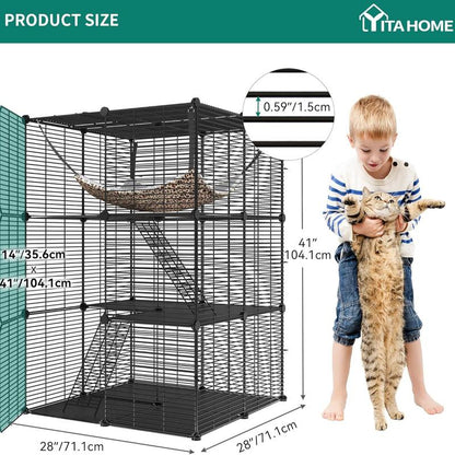 Yitahome Cat Cage Indoor Catio DIY Cat Enclosures Metal Cat Playpen 2/3/4-Tiers Kennels Pet Crate with Extra Large Hammock for Cats, Rabbit