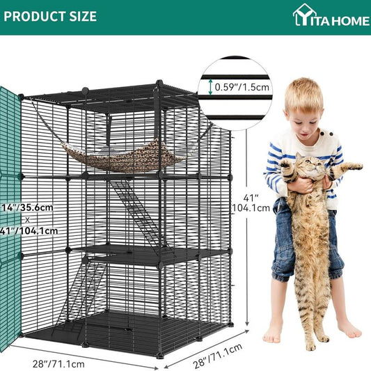 Yitahome Cat Cage Indoor Catio DIY Cat Enclosures Metal Cat Playpen 2/3/4-Tiers Kennels Pet Crate with Extra Large Hammock for Cats, Rabbit