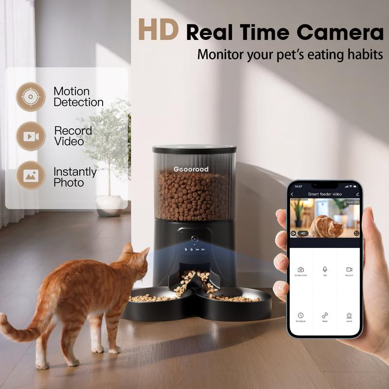 Geoorood Automatic Cat Feeder with Camera 4L Dual-Bowl Stainless Steel Bowls 2.4Ghz Wifi App-Controlled Dry Food Feeder for Cats & Dogs 1 Gallon Capacity