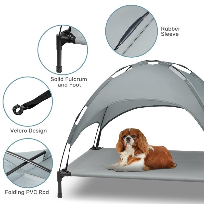 Elevated Dog Bed with Canopy, Outdoor Dog Cot with Removable Canopy Shade Tent, Portable Raised Pet Cot Cooling Bed for Dogs and Cats