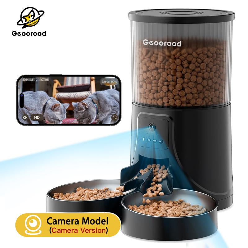 Geoorood Automatic Cat Feeder with Camera 4L Dual-Bowl Stainless Steel Bowls 2.4Ghz Wifi App-Controlled Dry Food Feeder for Cats & Dogs 1 Gallon Capacity