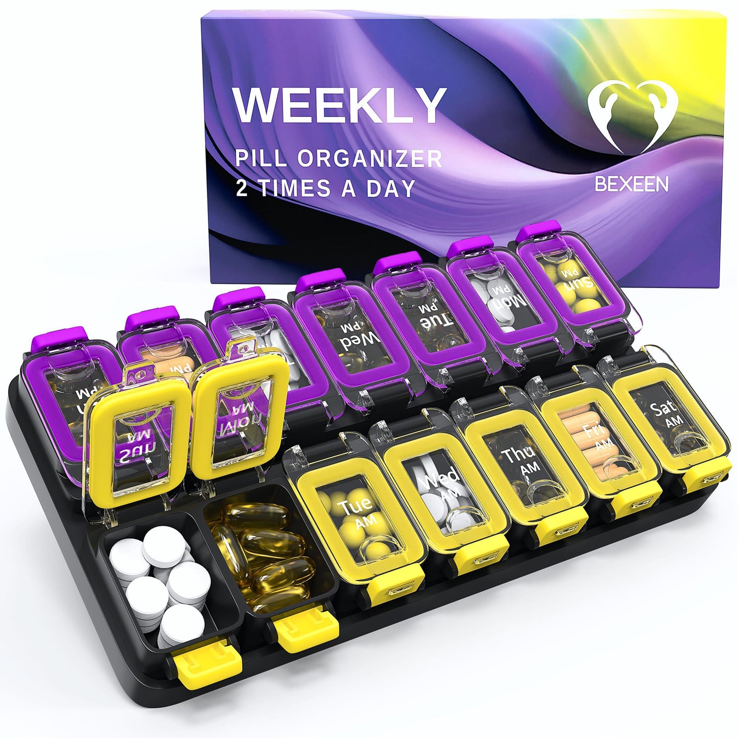 Weekly Pill Organizer 2 Times a Day Airtight Pill Box 7 Day Am Pm Vitamin
