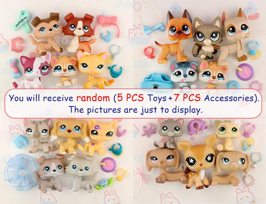 5 Pc Random Miniature Cat and Dog Figures and Random 7 Pc Accessories for Lps Collection