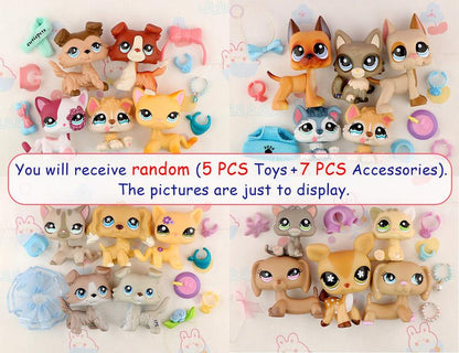 5 Pc Random Miniature Cat and Dog Figures and Random 7 Pc Accessories for Lps Collection