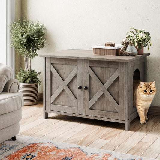 Walsunny Cat Litter Box Furniture with Removable Divider, Hidden Enclosure and End Table - White, Brown, Gray Wood