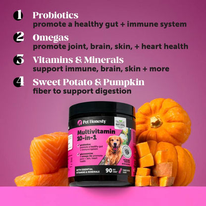 Pet Honesty Multivitamin 10-In-1 Daily Chews with Glucosamine, Omegas, and Probiotics for Dogs - Chicken Flavor Supplements for Dogs