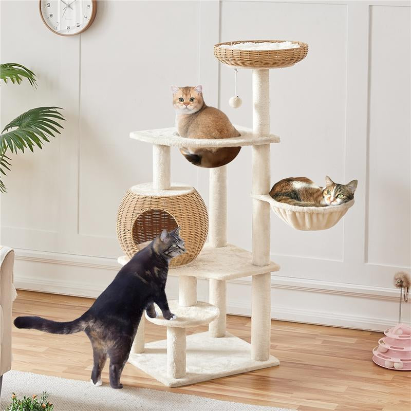 【On Sale】Yaheetech 54In Rattan Cat Tree Tower with Luxury Woven Condo, Clear Bowl, Washable Cushions, and Scratching Posts, Cat Furniture for Indoor Cats