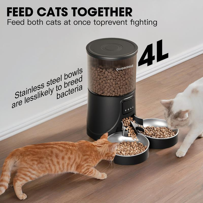 Geoorood Automatic Cat Feeder with Camera 4L Dual-Bowl Stainless Steel Bowls 2.4Ghz Wifi App-Controlled Dry Food Feeder for Cats & Dogs 1 Gallon Capacity